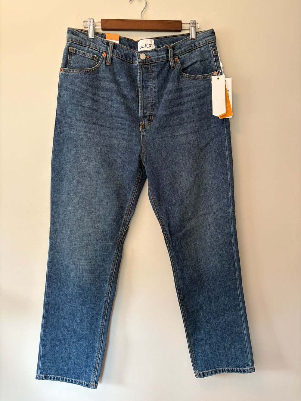 DU/ER Midweight Performance Denim High Rise Straight Jeans in Medium Blue